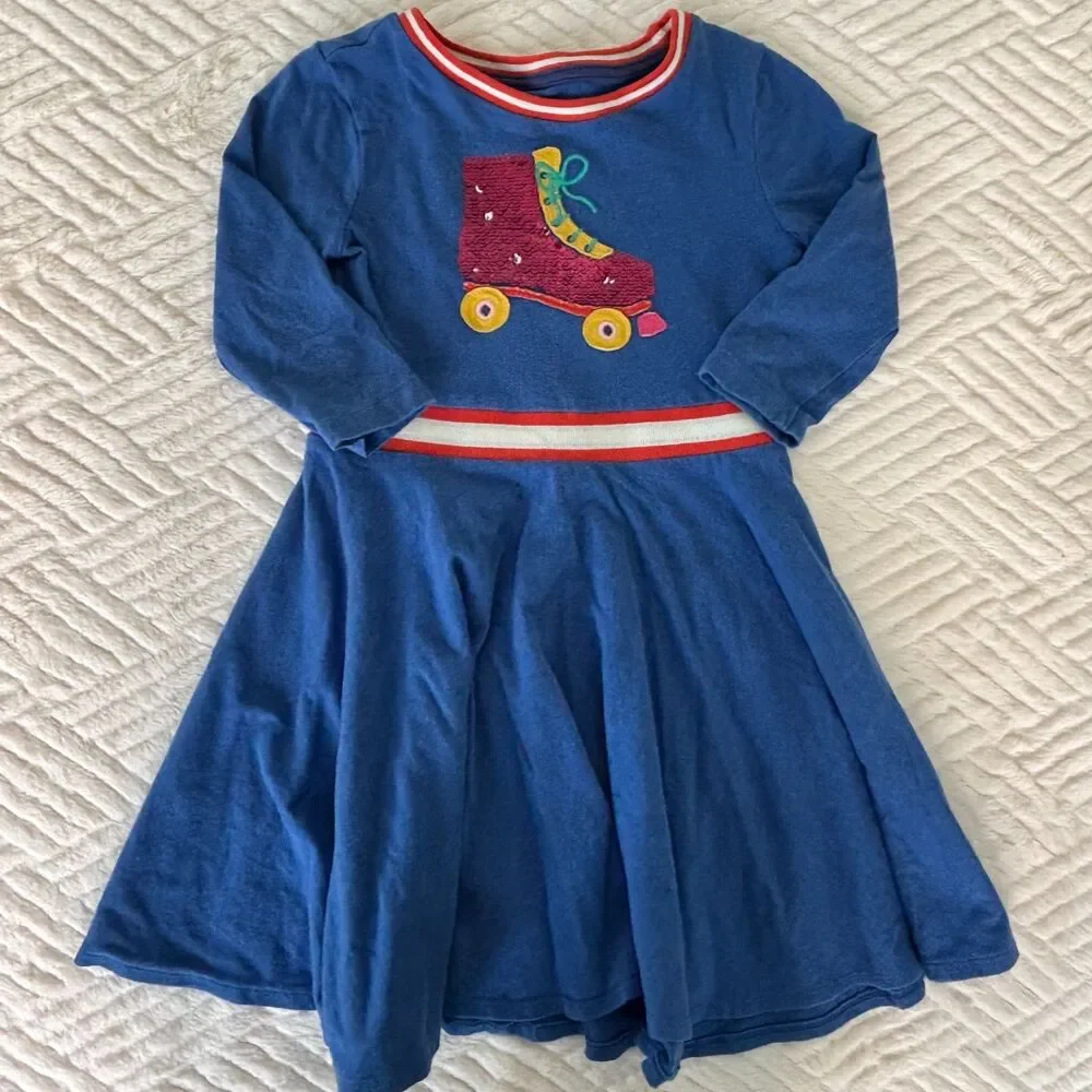 Mini Boden Girls Size 5-6Y Roller Skate Flip Sequin Blue Twirl Dress Long Sleeve